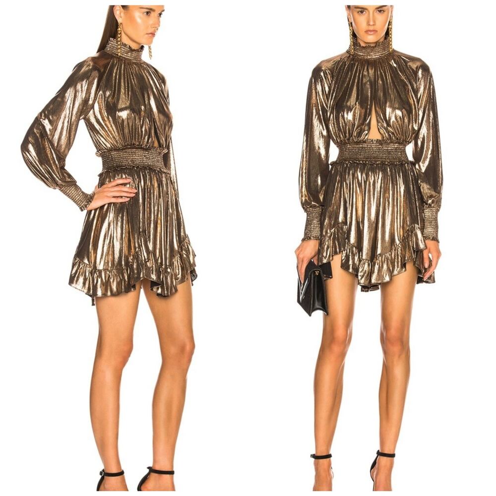 Retrofête Farrah Bronze Mock Neck Mini Metallic Dress